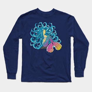 Blue Hair Rainbow Mermaid Long Sleeve T-Shirt